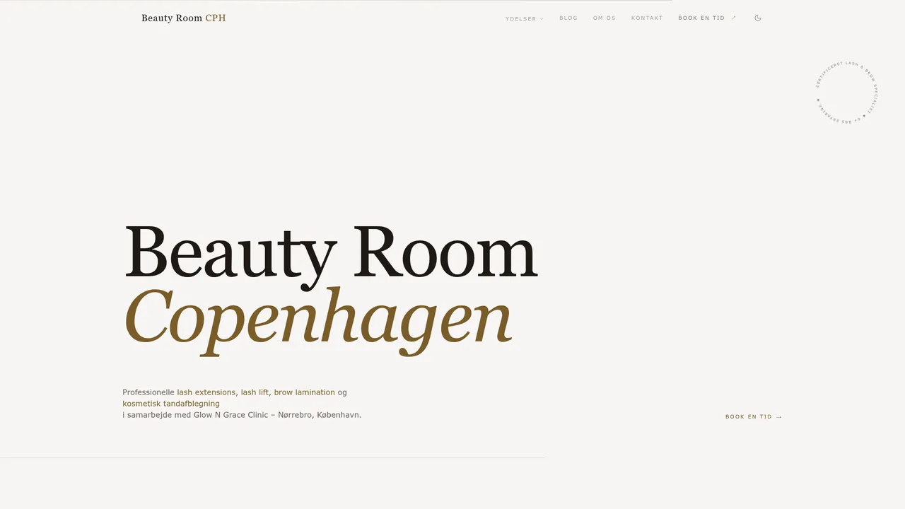 Skærmbillede af hjemmesiden for Beauty Room CPH